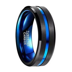 Men's Wedding Band 6mm Blue Line Black Brushed Ring for Men and Women